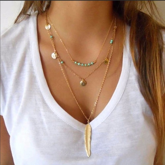 Jewelry - 🆕 3 layer Turquoise Boho Feather necklace